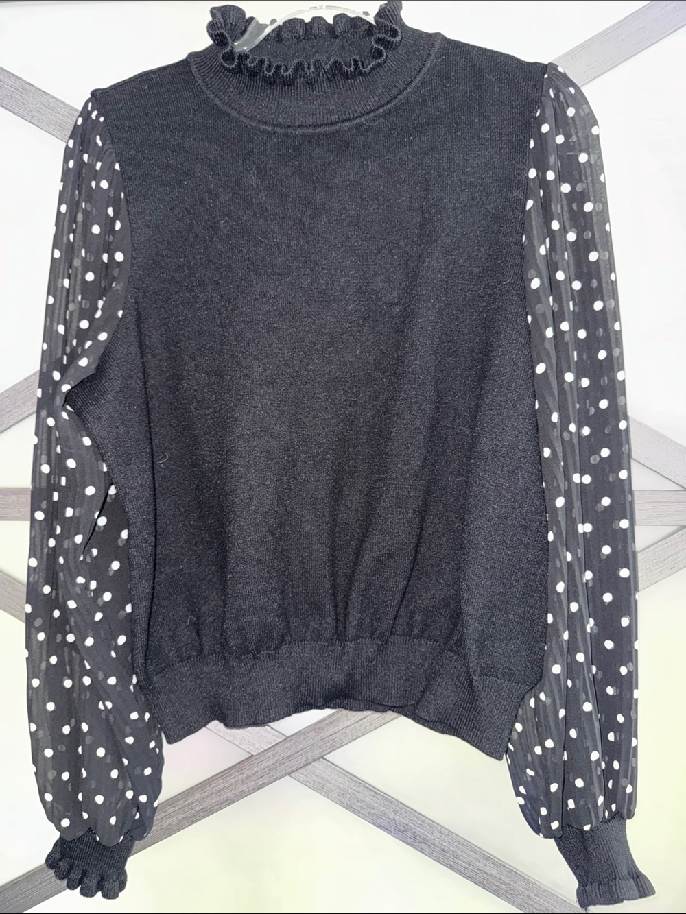 Nanette Lepore Black Sweater with White Polka Dot Sheer Sleeves